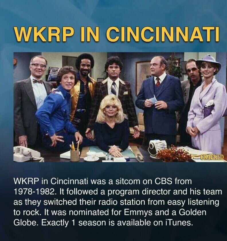 WKRP IN CINCINNATI CRACKED WKRP in Cincinnati was a sitcom on CBS from 1978-1982. It followed a program director and his team as they switched their radio station from easy listening to rock. It was nominated for Emmys and a Golden Globe. Exactly 1 season is available on iTunes.