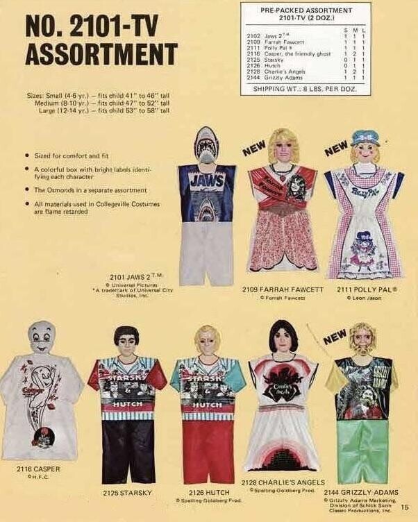 PRE-PACKED ASSORTMENT NO. 2101-TV 2101-TV (2 DOZ.) -------- 2102 Jows 27th 2109 Farrah Fawcett ASSORTMENT 2111 Polly Pat . 2116 Cooper the friendly ghost 2125 Staisky 2126 Hutch 2128 Charlie's Angels 2144 Grizzly Adams $11110011 SHIPPING WT.: 8 LBS PER DOZ. Sizes: Small (4-6 yr.l - fits child 41 to 46 tall Medium (8 10 yr.) - fits child 47 to 52 tall Large (12-14 yr.- - fits child 53 to 58 tall 3-1 NEW NEW Sized for comfort and fit A colorful box with bright Tabels identi- fying each character Terror JAWS The Osmonds in a separate assortment All materials used in Collegeville Costumes are flame