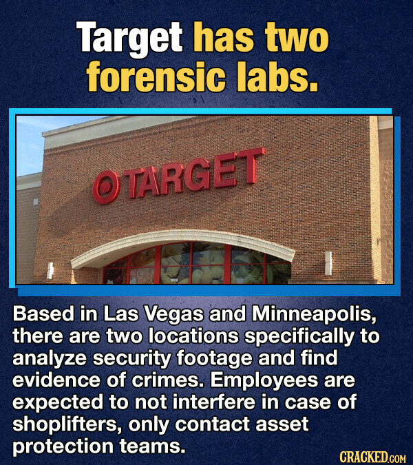 Target has two forensic labs. O TARGET 1000 Based in Las Vegas and Minneapolis, there are two locations specifically to analyze security footage and find evidence of crimes. Employees are expected to not interfere in case of shoplifters, only contact asset protection teams. CRACKED.COM