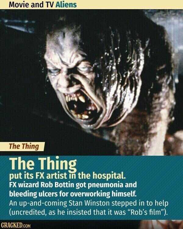 Movie and TV Aliens The Thing The Thing put its FX artist in the hospital. FX wizard Rob Bottin got pneumonia and bleeding ulcers for overworking himself. An up-and-coming Stan Winston stepped in to help (uncredited, as he insisted that it was Rob's film). CRACKED.COM