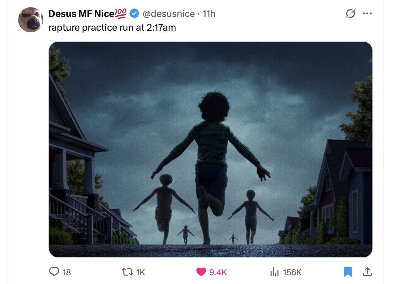 S ... @desusnice 11h Desus MF Nice 100 rapture practice run at 2:17am 18 1K 9.4K 156K 