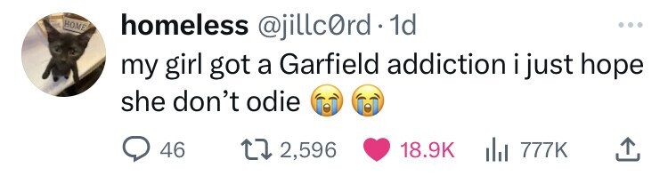 HOME homeless @jillcOrd 1d ... my girl got a Garfield addiction i i just hope she don't odie 46 2,596 18.9K del 777K