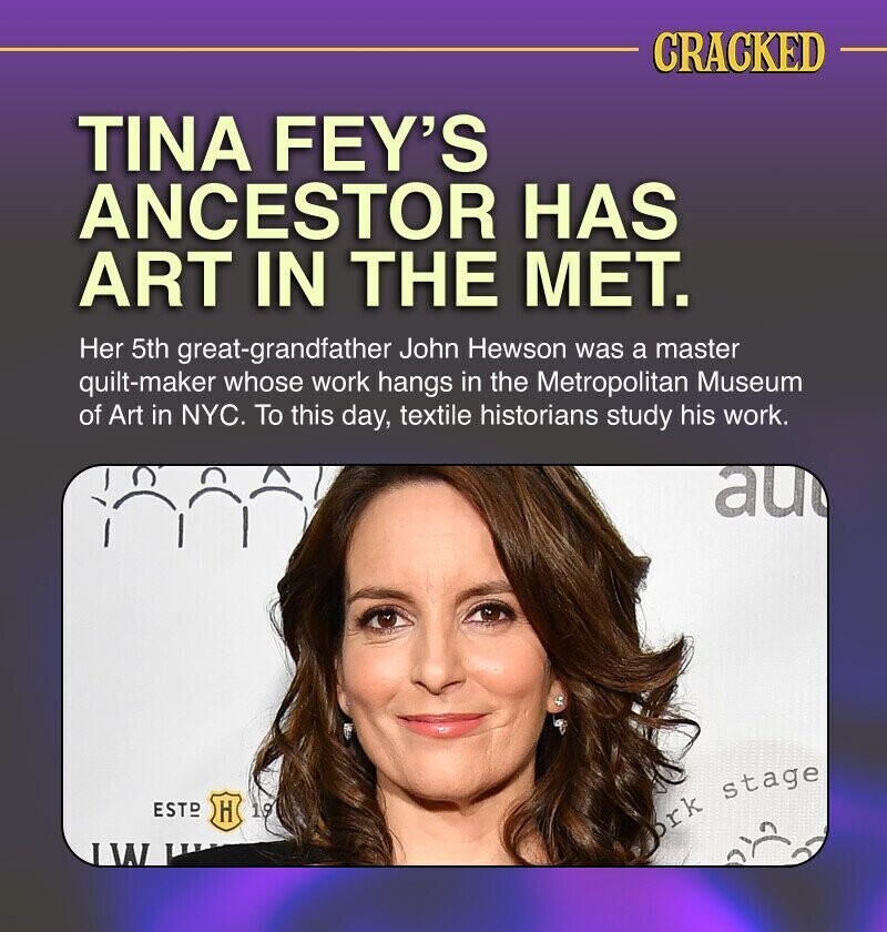 CRACKED TINA FEY'S ANCESTOR HAS ART IN THE MET. Her 5th great-grandfather John Hewson was a master quilt-maker whose work hangs in the Metropolitan Museum of Art in NYC. To this day, textile historians study his work. au ESTD H 19 ork stage IW Ш