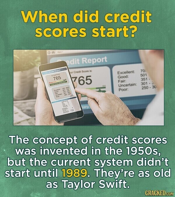 When did credit scores start? I edit Report Credit Report M Credit Score is - - 765 Excellent: 700 Good: 501 Cream FROELLENT 765 Fair: 351 - РОО - 100 Exculure 50+ - 700 Good 500 355 Uncertain: 301 - 35 For 300 303 Undertain 250m Puor Poor: 250-30 - - new - The concept of credit scores was invented in the 1950s, but the current system didn't start until 1989. They're as old as Taylor Swift. CRACKED COM