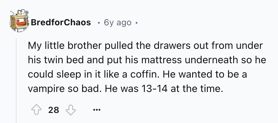 BredforChaos 6y ago - My little brother pulled the drawers out from under his twin bed and put his mattress underneath so he could sleep in it like a coffin. Не wanted to be a vampire so bad. Не was 13-14 at the time. 28 ...