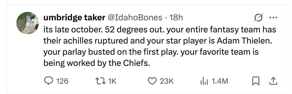 umbridge taker @IdahoBones.1 18h ... its late october. 52 degrees out. your entire fantasy team has their achilles ruptured and your star player is Adam Thielen. your parlay busted on the first play. your favorite team is being worked by the Chiefs. 126 1K 23K 1.4M