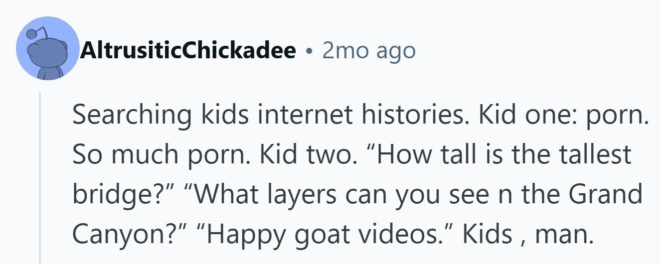 AltrusiticChickadee 2mo ago Searching kids internet histories. Kid one: porn. So much porn. Kid two. How tall is the tallest bridge? What layers can you see n the Grand Canyon? Happy goat videos. Kids , man.