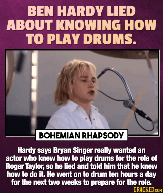 Ben Hardy lied about knowing how to play drums. Bohemian Rhapsody Hardy says Bryan Singer really wanted an actor who knew how to play