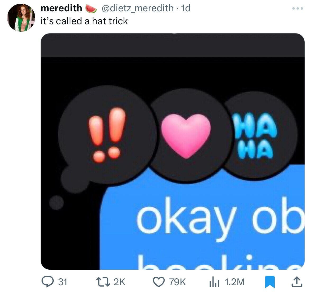 meredith @dietz_meredith . 1d it's called a hat trick НА НА okay ob منسلممط 2K 79K 31 1.2M 