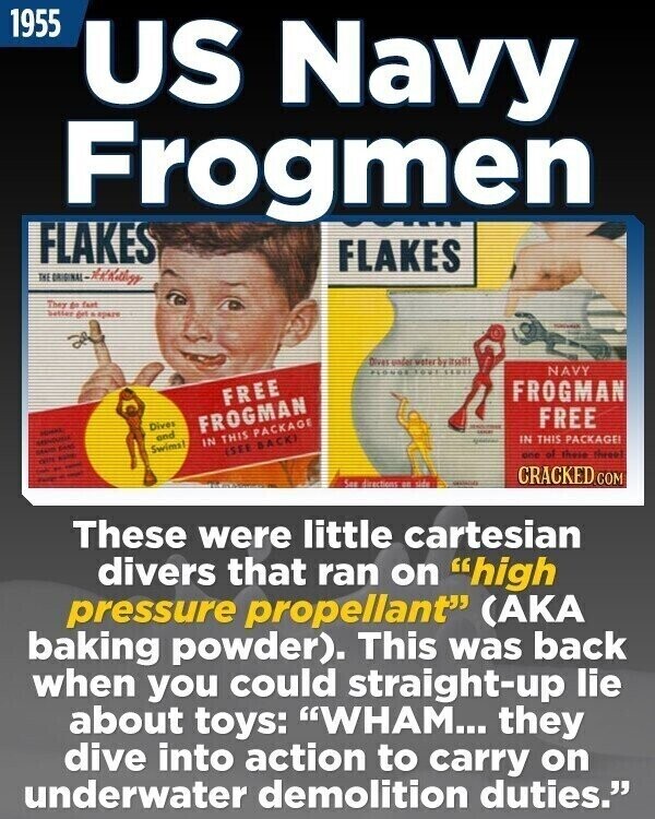 1955 US Navy Frogmen FLAKES FLAKES THE They to fart believ under water BY mum NAVY FROGMAN FREE FREE Dives FROGMAN and IN THIS PACKAGE! adidas IN THIS PACKAGE Swimal see ESEE BACK POR of these threet - adidas - aure is CRACKED.COM Sua directions 20 side These were little cartesian divers that ran on high pressure propellant (AKA baking powder). This was back when you could straight-up lie about toys: WHAM... they dive into action to carry on underwater demolition duties.