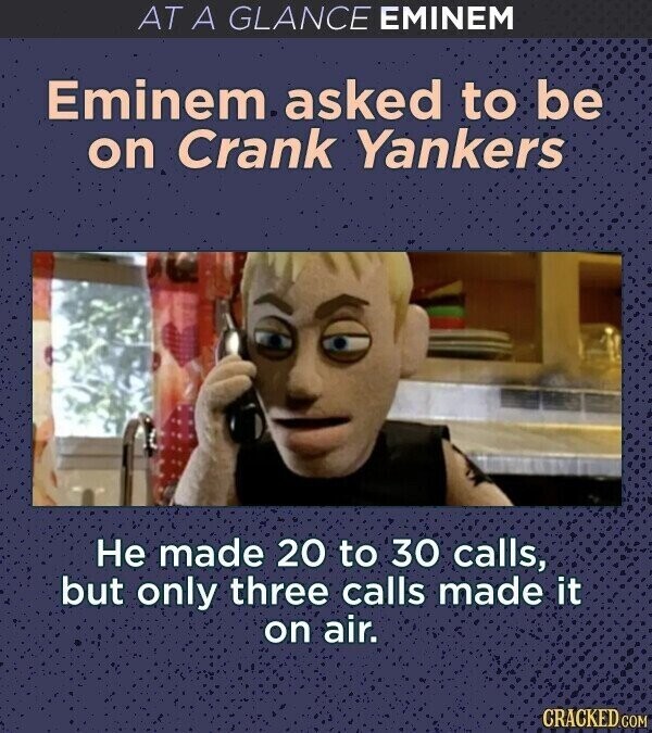 AT A GLANCE EMINEM Eminem asked to be on Crank Yankers Не made 20 to 30 calls, but only three calls made it on air. CRACKED.COM