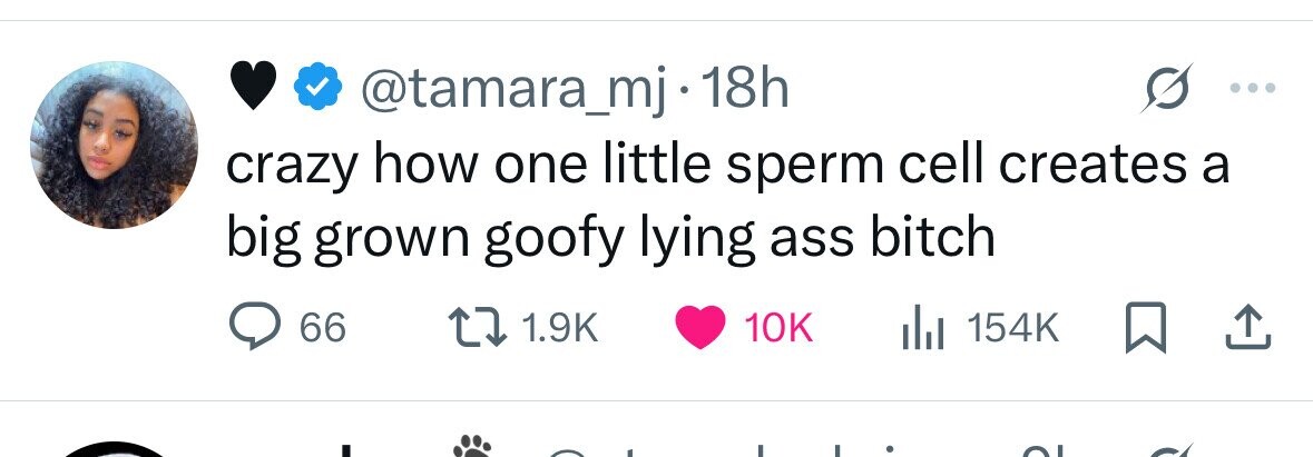 @tamara_mj 18h crazy how one little sperm cell creates a big grown goofy lying ass bitch 66 1.9K 10K del 154K 