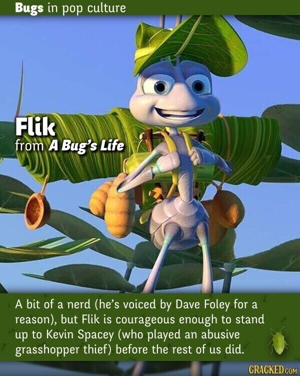 Bugs in pop culture Flik from A Bug's Life A bit of a nerd (he's voiced by Dave Foley for a reason), but Flik is courageous enough to stand up to Kevin Spacey (who played an abusive grasshopper thief) before the rest of us did. CRACKED.COM