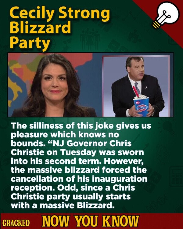 Cecily Strong Blizzard Party DO SUZZARD The silliness of this joke gives us pleasure which knows no bounds. NJ Governor Chris Christie on Tuesday was sworn into his second term. However, the massive blizzard forced the cancellation of his inauguration reception. Odd, since a Chris Christie party usually starts with a massive Blizzard. CRACKED NOW YOU KNOW