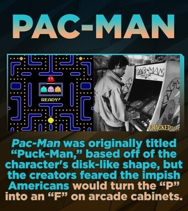 PAC-MAN PAB-MAN READY! CRACKED COM Pac-Man was originally titled Puck-Man, based off of the character's disk-like shape, but the creators feared the impish Americans would turn the P into an F on arcade cabinets.