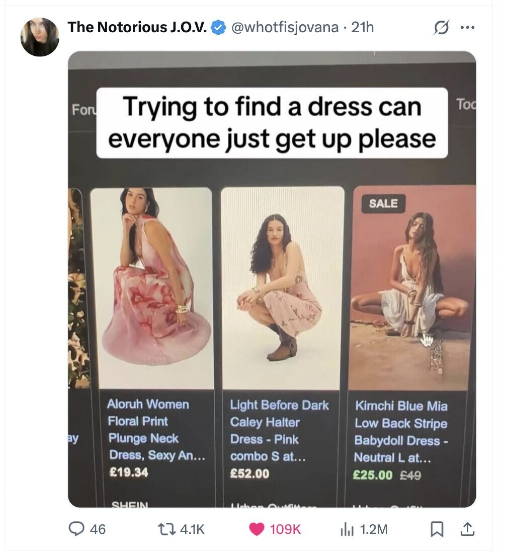The Notorious J.O.V. s ... @whotfisjovana. 21h Trying to find a dress can Too For everyone just get up please SALE Aloruh Women Light Before Dark Kimchi Blue Mia Floral Print Caley Halter Low Back Stripe ay Plunge Neck Dress-Pink Babydoll Dress - Dress, Sexy An... combo S at... Neutral L at... £19.34 £22.00 £25.00 49 SHEIN سمطعلك 46 4.1K 109K 1.2M