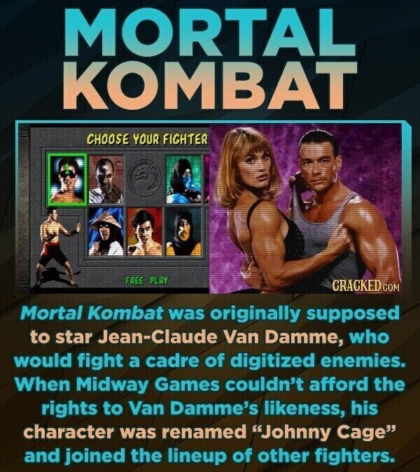 MORTAL KOMBAT CHOOSE YOUR FIGHTER FREE PLAY CRACKED.COM Mortal Kombat was originally supposed to star Jean-Claude Van Damme, who would fight a cadre of digitized enemies. When Midway Games couldn't afford the rights to Van Damme's likeness, his character was renamed Johnny Cage and joined the lineup of other fighters.