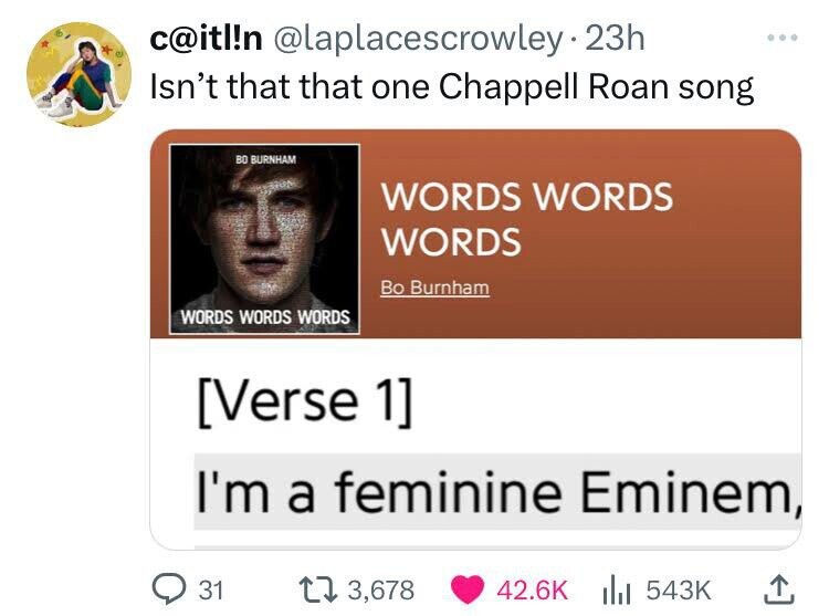 e c@itl!n @laplacescrowley 23h ... Isn't that that one Chappell Roan song ВО BURNHAM WORDS WORDS WORDS Во Burnham WORDS WORDS WORDS I'm a feminine Eminem, 31 3,678 42.6K 543K