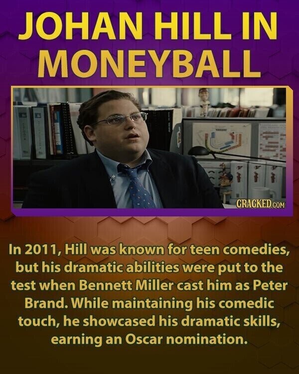 JOHAN HILL IN MONEYBALL CRACKED.COM In 2011, Hill was known for teen comedies, but his dramatic abilities were put to the test when Bennett Miller cast him as Peter Brand. While maintaining his comedic touch, he showcased his dramatic skills, earning an Oscar nomination.