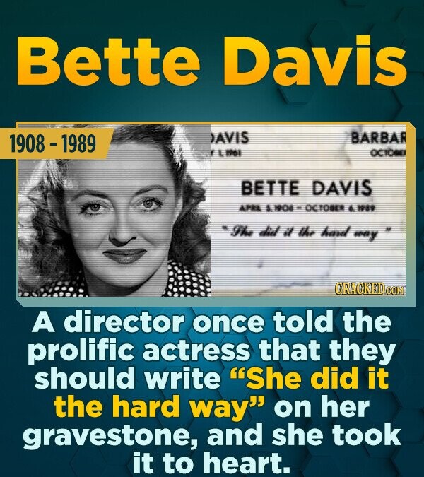 Bette Davis 1908 - 1989 DAVIS BARBAR E 16I OCICES BETTE DAVIS APRL nod OCTOBER 18 The did il the had ay A director once told the prolific actress that