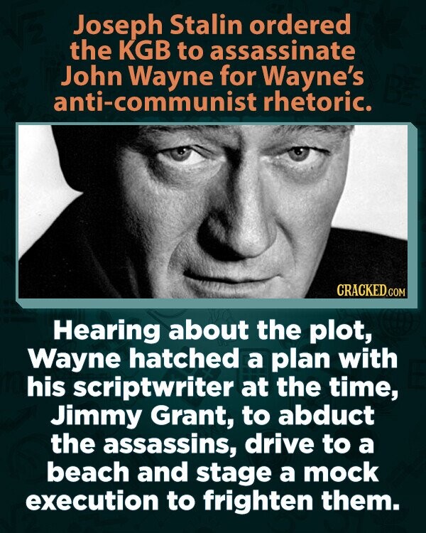 Joseph Stalin ordered the KGB to assassinate John Wayne for Wayne's anti-communist rhetoric. CRACKED.COM Hearing about the plot, Wayne hatched a plan with his scriptwriter at the time, Jimmy Grant, to abduct the assassins, drive to a beach and stage a mock execution to frighten them.