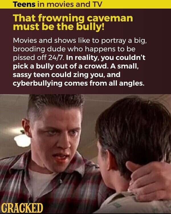Teens in movies and TV That frowning caveman must be the bully! Movies and shows like to portray a big, brooding dude who happens to be pissed off 24/7. In reality, you couldn't pick a bully out of a crowd. A small, sassy teen could zing you, and cyberbullying comes from all angles. CRACKED