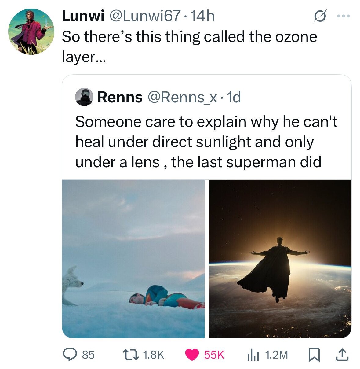 Lunwi @Lunwi67.1 14h O ... So there's this thing called the ozone layer... Renns @Renns_x · 1d Someone care to explain why he can't heal under direct sunlight and only under a lens , the last superman did 85 1.8K 55K 1.2M 