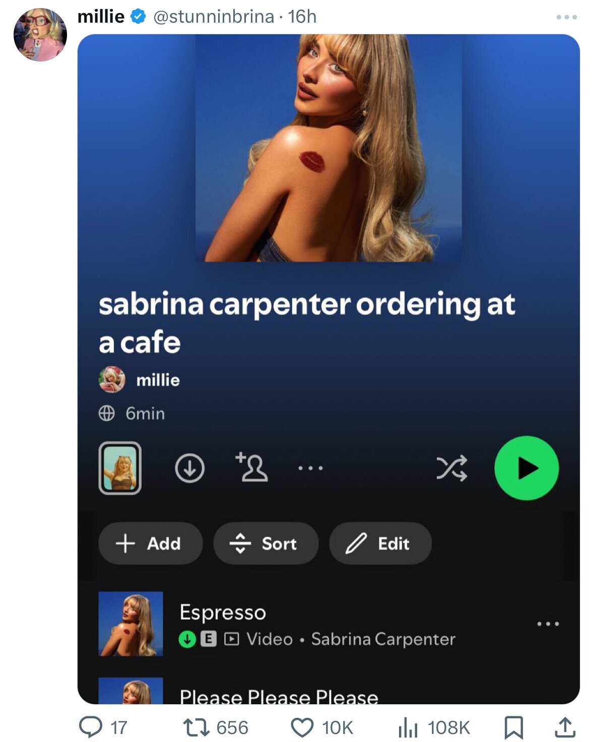 millie @stunninbrina.16h ... sabrina carpenter ordering at a cafe millie 6min + + Add Edit Sort Espresso ... E Video Sabrina Carpenter Please Please Please 17 656 108K 10K 
