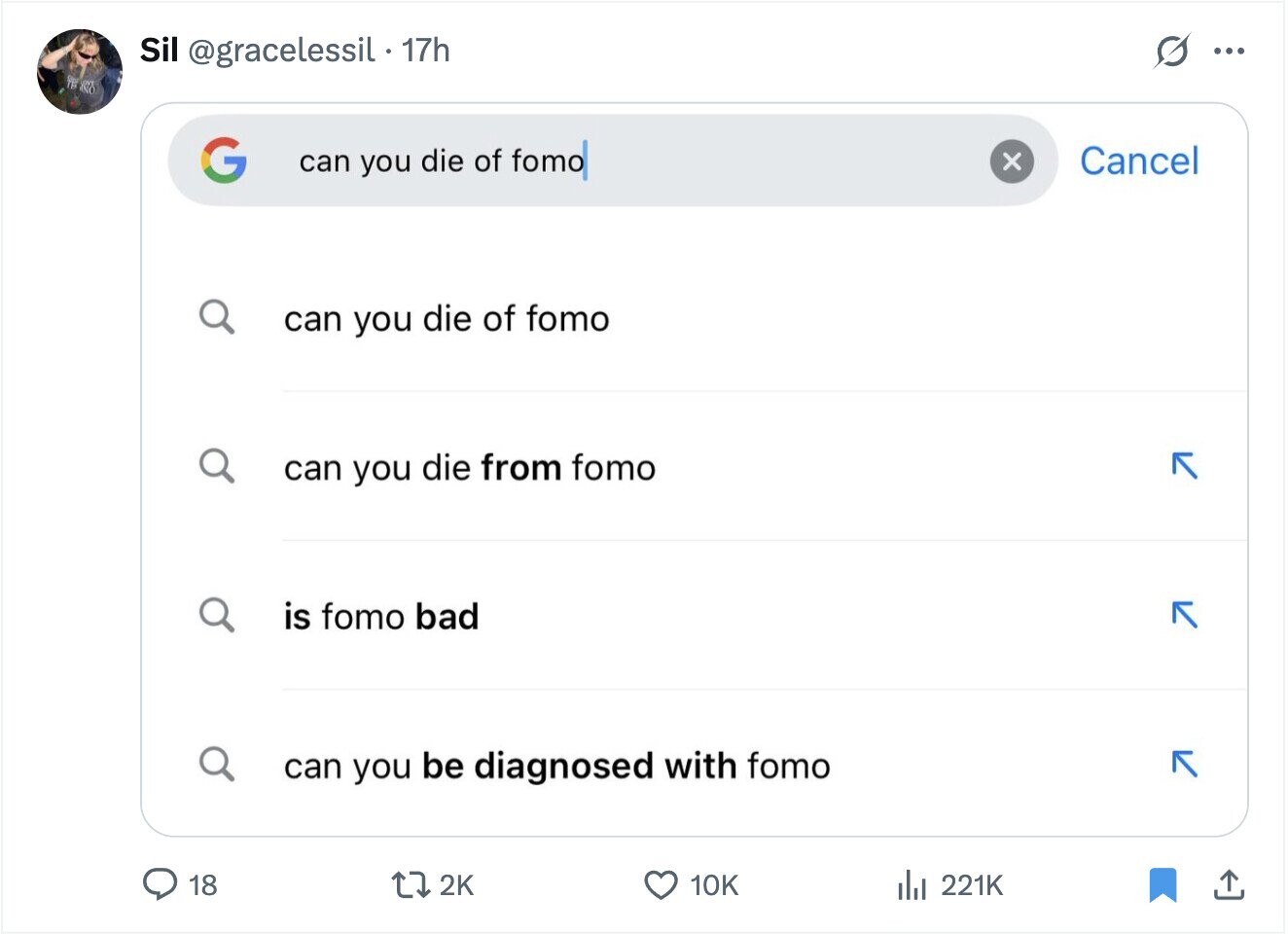 Sil @gracelessil 17h ... it OF G can you die of fomo x Cancel can you die of fomo can you die from fomo is fomo bad can you be diagnosed with fomo 18 2K 10K del 221K