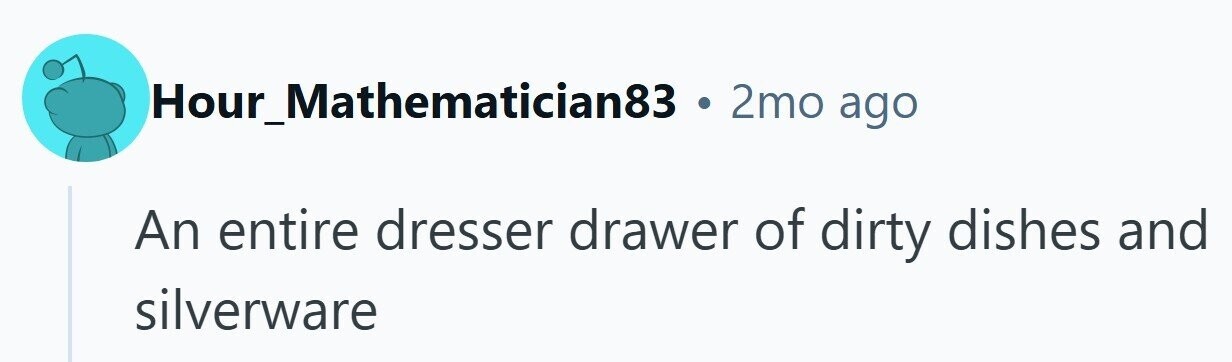 Hour_Mathematician83 . 2mo ago An entire dresser drawer of dirty dishes and silverware