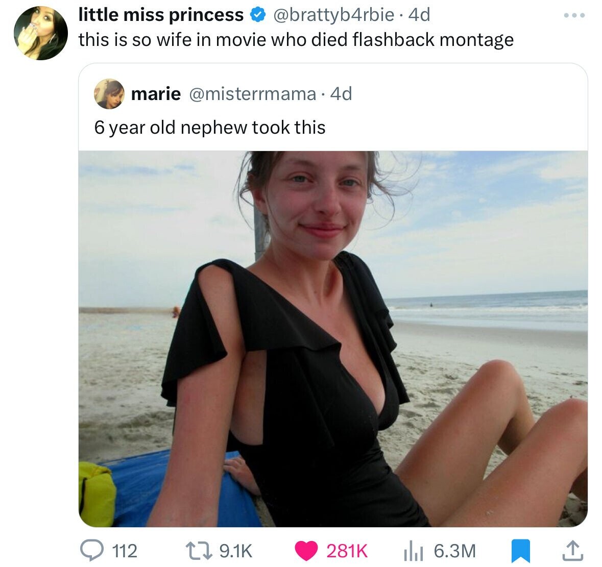 little miss princess @brattyb4rbie. 4d this is so wife in movie who died flashback montage marie @misterrmama 4d 6 year old nephew took this 112 281K 6.3M 9.1K