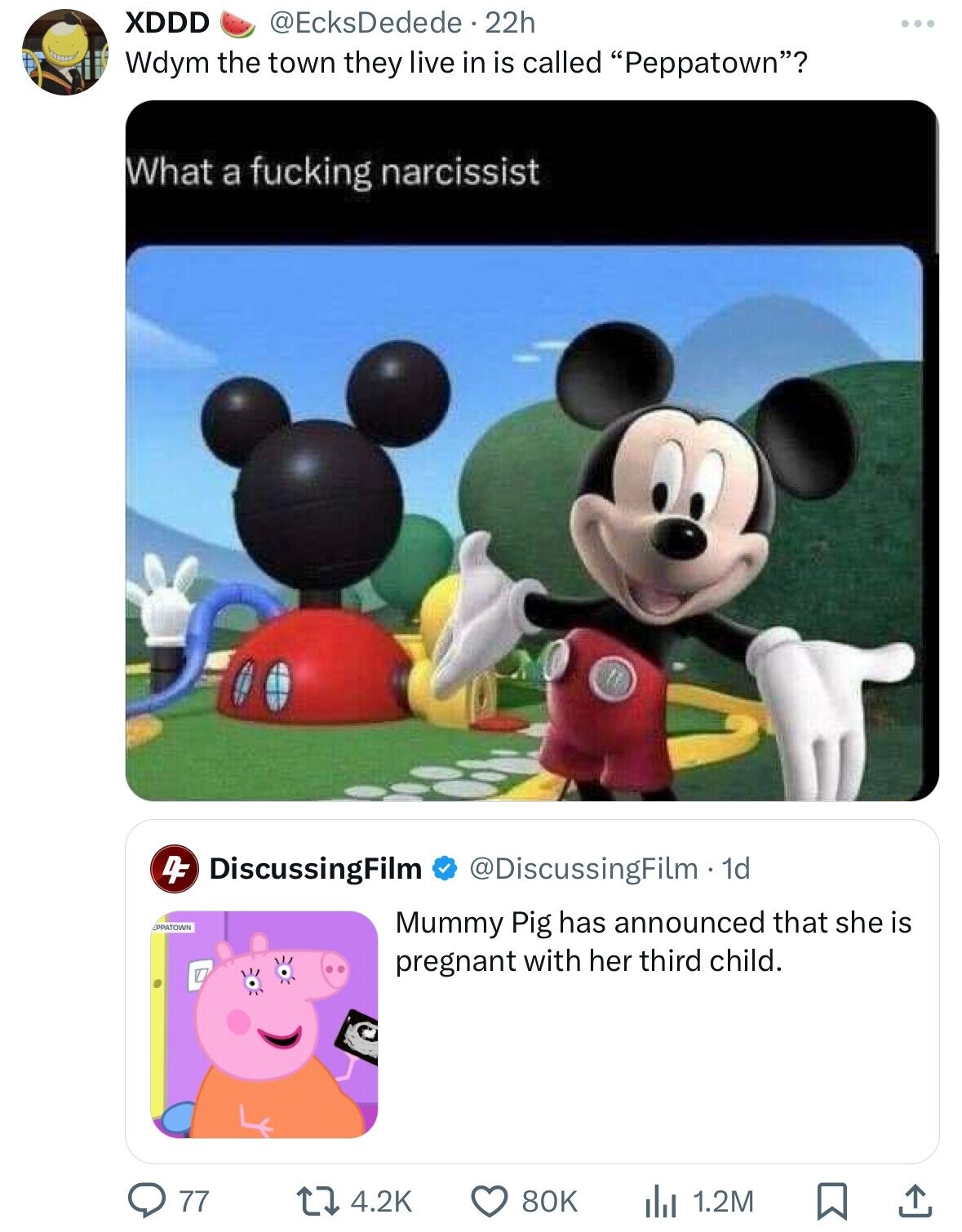 XDDD @EcksDedede 22h Wdym the town they live in is called Peppatown? What a fucking narcissist DF DiscussingFilm @DiscussingFilm. dd EPPATOWN Mummy Pig has announced that she is pregnant with her third child. 77 4.2K 80K 1.2M 