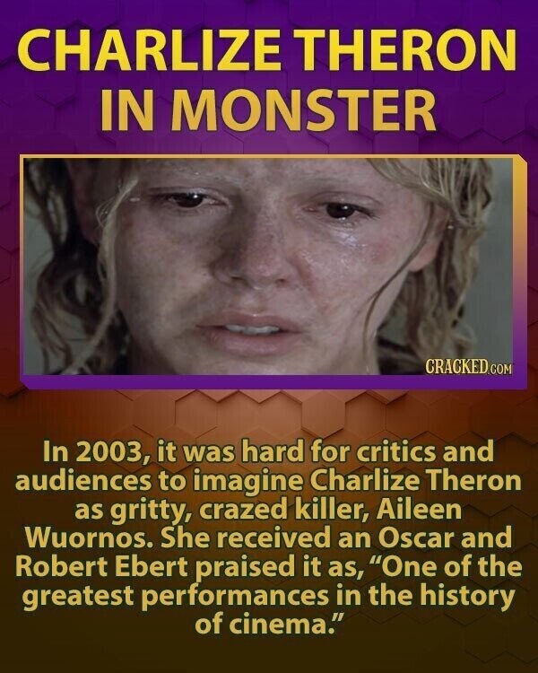 CHARLIZE THERON IN MONSTER CRACKED.COM In 2003, it was hard for critics and audiences to imagine Charlize Theron as gritty, crazed killer, Aileen Wuornos. She received an Oscar and Robert Ebert praised it as, One of the greatest performances in the history of cinema.