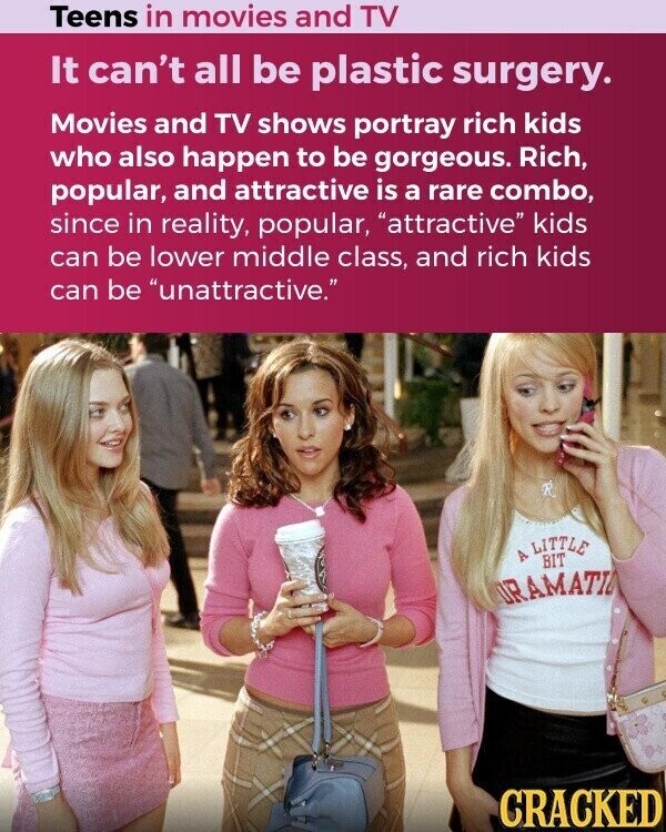 Teens in movies and TV It can't all be plastic surgery. Movies and TV shows portray rich kids who also happen to be gorgeous. Rich, popular, and attractive is a rare combo, since in reality, popular, attractive kids can be lower middle class, and rich kids can be unattractive. A LITTLE BIT DRAMATIC CRACKED