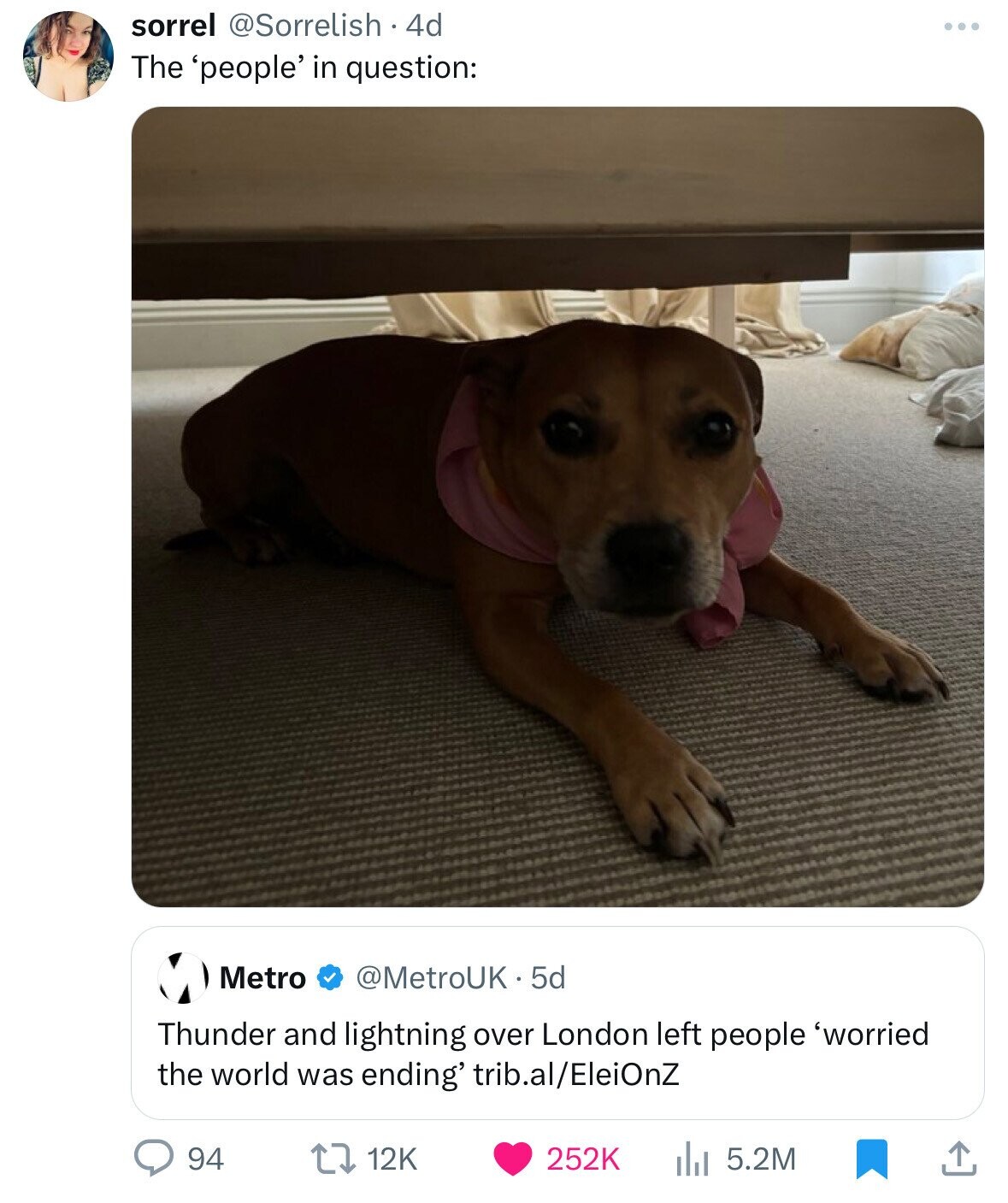 sorrel @Sorrelish 4d ... The 'people' in question: Metro @MetroUK 5d Thunder and lightning over London left people 'worried the world was ending' trib.al/EleiOnZ 94 12K 252K 5.2M