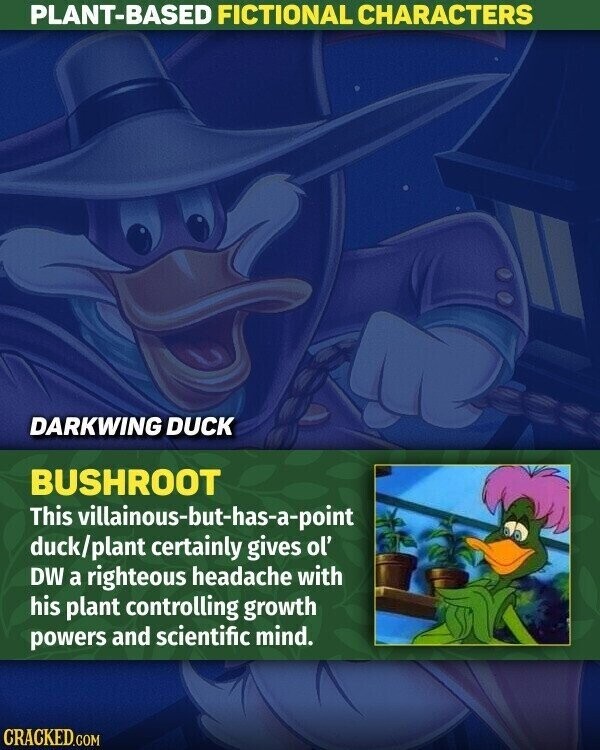 PLANT-BASED FICTIONAL CHARACTERS DARKWING DUCK BUSHROOT This villainous-but-has-a-point duck/plant certainly gives ol' DW a righteous headache with his plant controlling growth powers and scientific mind. CRACKED.COM