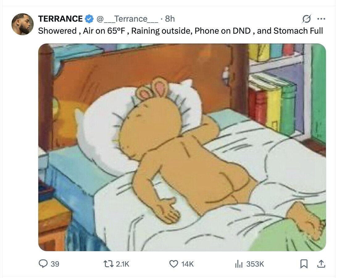 TERRANCE @__Terrance___ 8h O ... Showered , Air on 65°F, Raining outside, Phone on DND, and Stomach Full 39 2.1K 14K 353K 