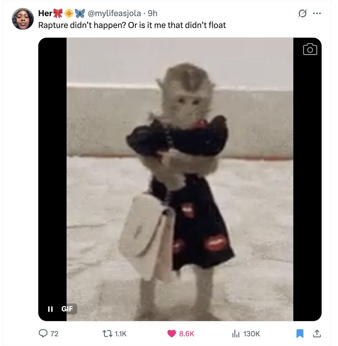 Her @mylifeasjola. 9h G ... Rapture didn't happen? Or is it me that didn't float GIF II 72 1.1K 8.6K 130K 