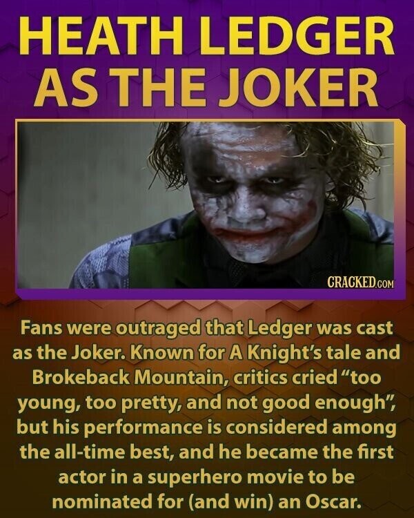 HEATH LEDGER AS THE JOKER CRACKED.COM Fans were outraged that Ledger was cast as the Joker. Known for A Knight's tale and Brokeback Mountain, critics cried too young, too pretty, and not good enough, but his performance is considered among the all-time best, and he became the first actor in a superhero movie to be nominated for (and win) an Oscar.