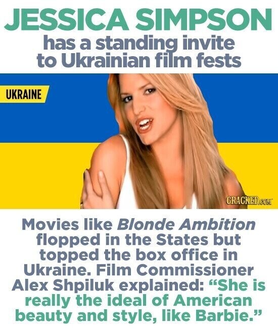 JESSICA SIMPSON has a standing invite to Ukrainian film fests UKRAINE CRACKED.COM Movies like Blonde Ambition flopped in the States but topped the box office in Ukraine. Film Commissioner Alex Shpiluk explained: She is really the ideal of American beauty and style, like Barbie.