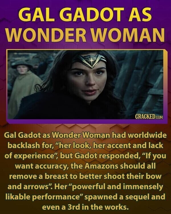 GAL GADOT AS WONDER WOMAN CRACKED.COM Gal Gadot as Wonder Woman had worldwide backlash for, her look, her accent and lack of experience, but Gadot responded, If you want accuracy, the Amazons should all remove a breast to better shoot their bow and arrows. Her powerful and immensely likable performance spawned a sequel and even a 3rd in the works.