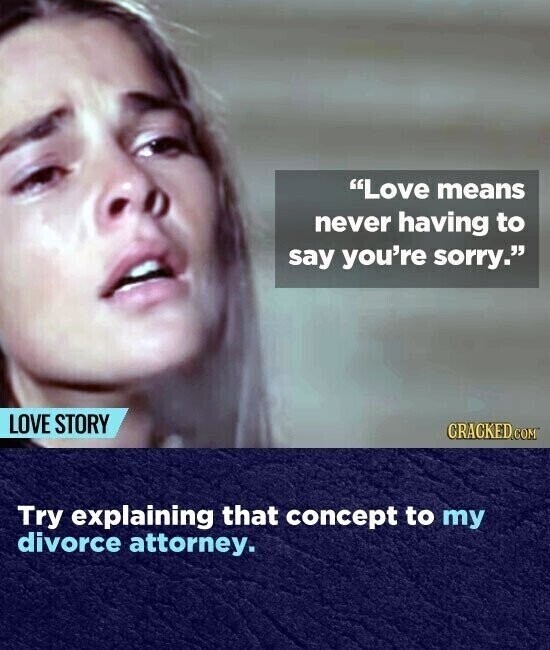 Love means never having to say you're sorry. LOVE STORY CRACKED.COM Try explaining that concept to my divorce attorney.
