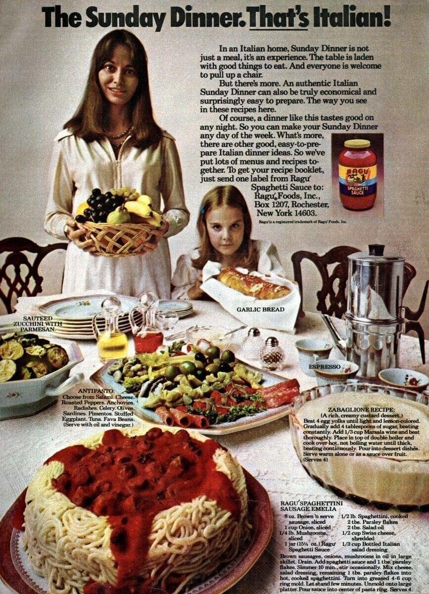 The Sunday Dinner. That's Italian! In an Italian home, Sunday Dinner is not just a meal, it's an experience. The table is laden with good things to eat. And everyone is welcome to pull up a chair. But there's more. An authentic Italian Sunday Dinner can also be truly economical and surprisingly easy to prepare. The way you see in these recipes here. Of course, a dinner like this tastes good on any night. So you can make your Sunday Dinner any day of the week. What's more, there are other good, easy-to-pre- pare Italian dinner ideas. So we've put