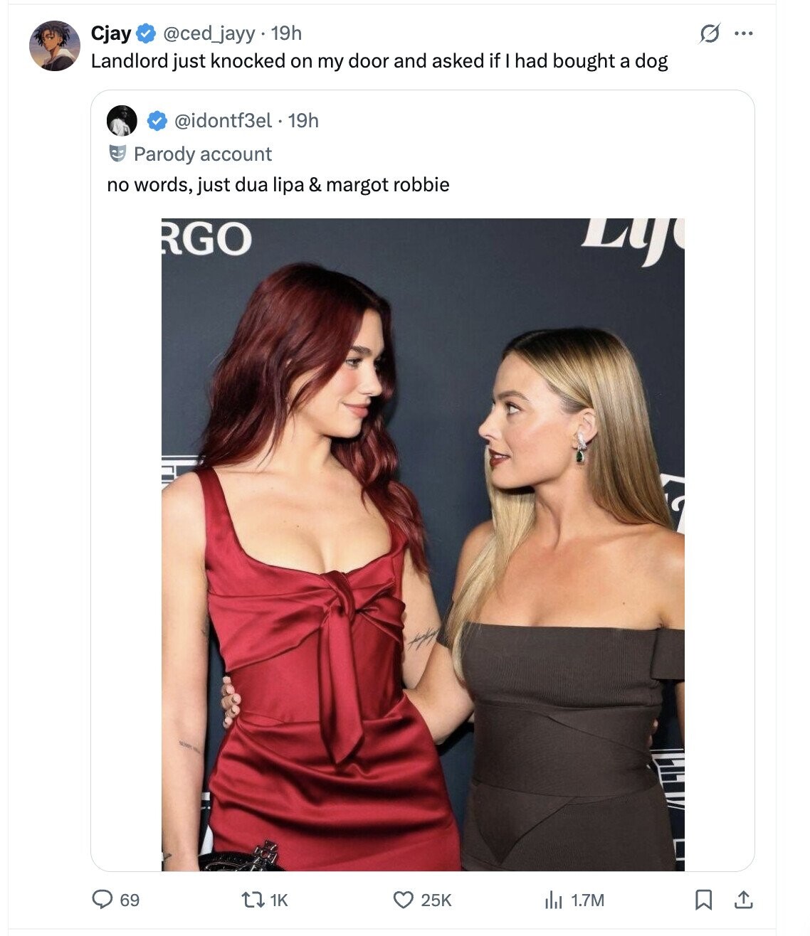 G ... @ced_jayy. 19h Cjay Landlord just knocked on my door and asked if I had bought a dog @idontf3el . 19h Parody account no words, just dua lipa & margot robbie RGO Ly 69 J 1K 25K del 1.7M 