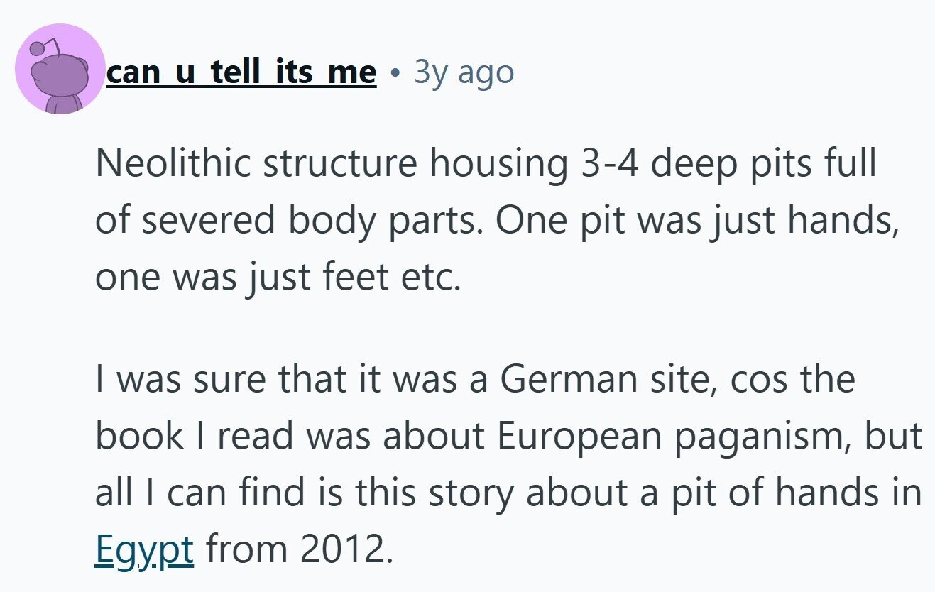 can u tell its me a Зу ago Neolithic structure housing 3-4 deep pits full of severed body parts. One pit was just hands, one was just feet etc. | was sure that it was a German site, COS the book I read was about European paganism, but all I can find is this story about a pit of hands in Egypt from 2012.