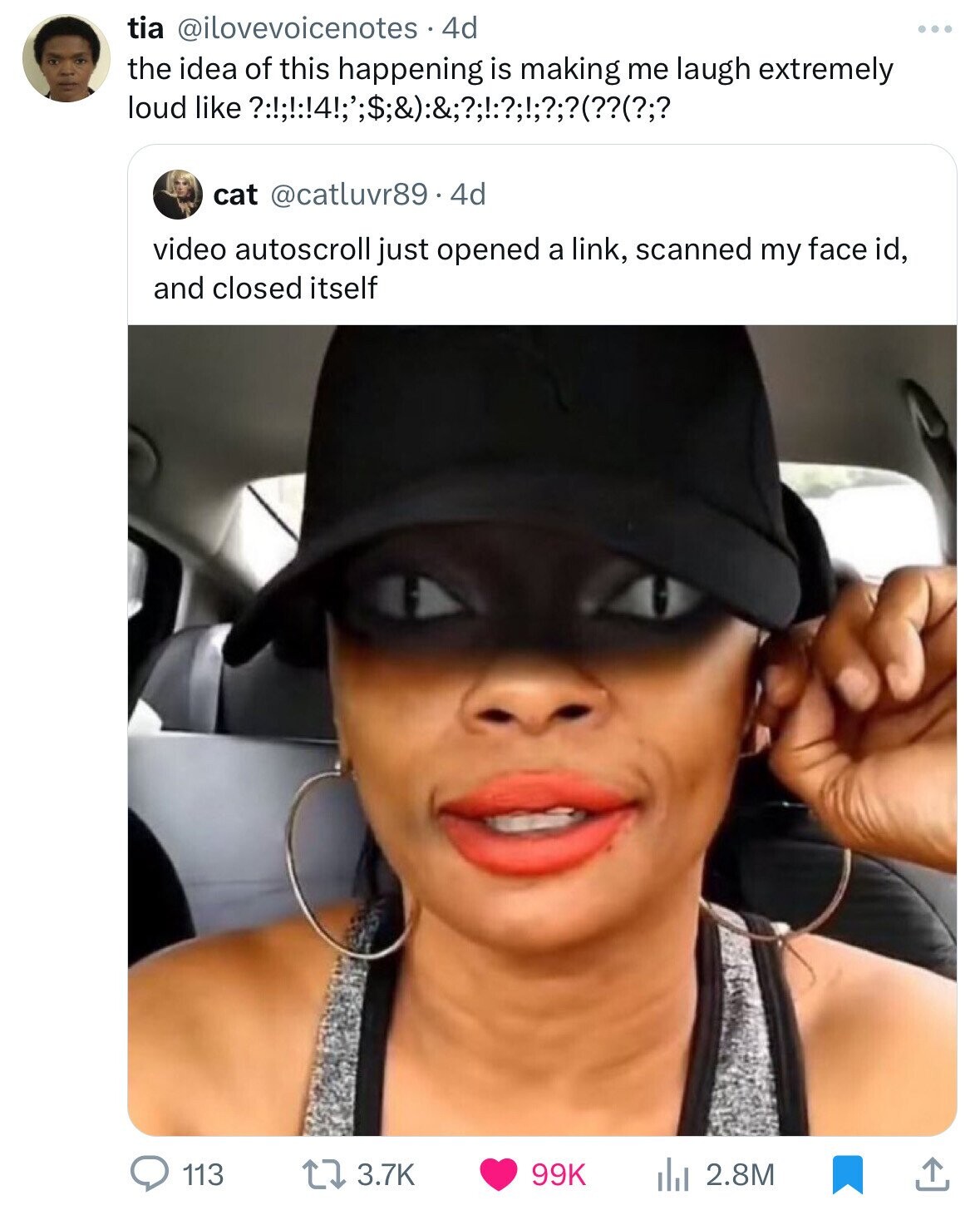 tia @ilovevoicenotes • 4d the idea of this happening is making me laugh extremely loud like cat @catluvr89.4d video autoscroll just opened a link, scanned my face id, and closed itself 3.7K 113 99K 2.8M