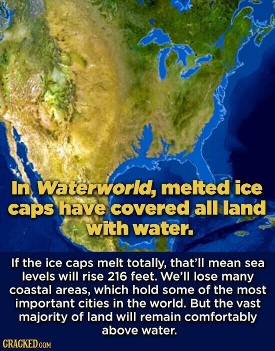 In Waterworld, melted ice caps have covered all land with water. If the ice caps melt totally, that'll mean sea levels will rise 216 feet. We'll lose many coastal areas, which hold some of the most important cities in the world. But the vast majority of land will remain comfortably above water. CRACKED.COM