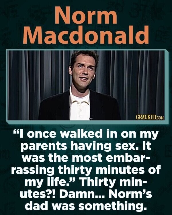 Norm Macdonald CRACKED.COM I once walked in on my parents having sex. It was the most embar- rassing thirty minutes of my life. Thirty min- utes?! Damn... Norm's dad was something.