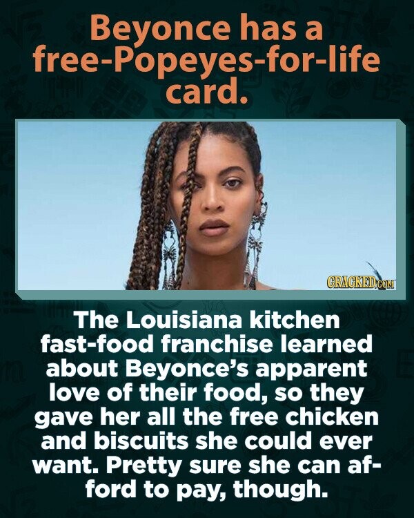 Beyonce has a free-Popeyes-for-life card. GRACKED C COM The Louisiana kitchen fast-food franchise learned about Beyonce's apparent love of their food, so they gave her all the free chicken and biscuits she could ever want. Pretty sure she can af- ford to pay, though.