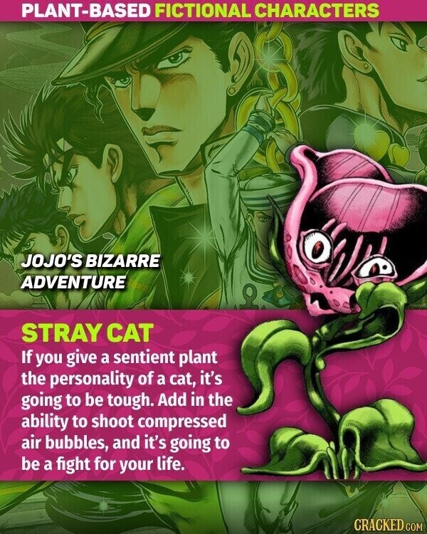 PLANT-BASED FICTIONAL CHARACTERS JOJO'S BIZARRE ADVENTURE STRAY CAT If you give a sentient plant the personality of a cat, it's going to be tough. Add in the ability to shoot compressed air bubbles, and it's going to be a fight for your life. CRACKED.COM